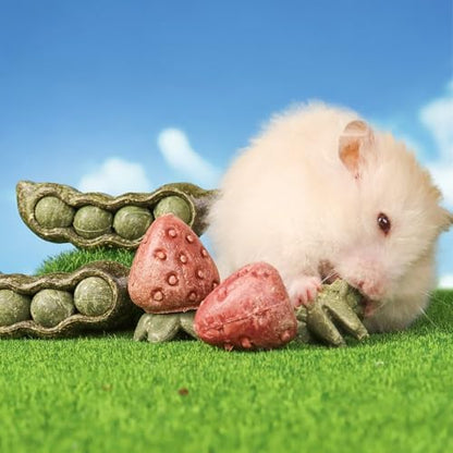 TEEWY 4PCS Guinea Pig Toys, Prevent Teeth Overgrowth, Natural Vegetables and Timothy Grass, Hamster Chew Toys, Guinea Pig Chew Toys, Chinchilla Toys, Peapod and Stawberry Chew Toy Set