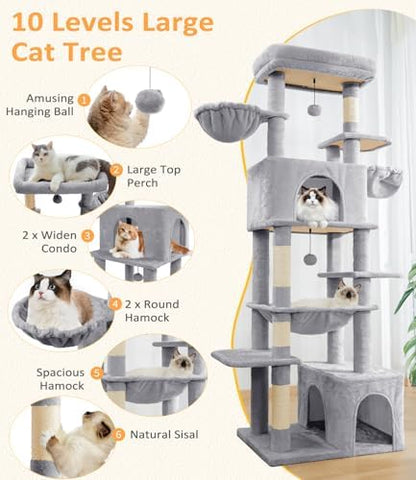 ABCPET 68" Multi-Level Large Cat Tree Tower for Indoor Cats, Light Grey