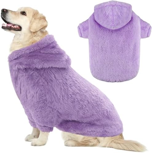 Fuzzy Dog Hoodie Sweater for Large Dogs Warm Winter Dog Clothes with Double-Sided Plush Fleece Soft Stretchy Pet Coats Hooded Sweatshirt for Medium Large Dogs