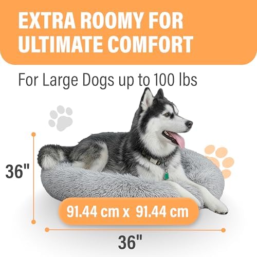 Active Pets Premium Large Donut Dog Bed, Fits Up to 100 lbs, Machine Washable Cushion, Plush Long Pile Faux Fur Fabric, Portable Light Gray Pet Bed Furniture for Puppies Adult Canines & Cats