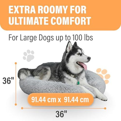 Active Pets Premium Large Donut Dog Bed, Fits Up to 100 lbs, Machine Washable Cushion, Plush Long Pile Faux Fur Fabric, Portable Light Gray Pet Bed Furniture for Puppies Adult Canines & Cats