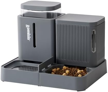 ZOMISIA Gravity Cat Feeder and Water Dispenser, 0.8 Gallon x 2, Grey