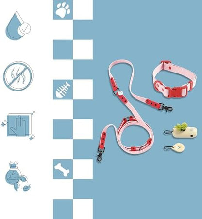 WLK1005G-5SET Luna Medium 8FT Adjustable 6-in-1 Waterproof Hands-Free Leash and Collar with LED Flashlight, Bag Dispenser, and Poop Bag Holder, Paloma