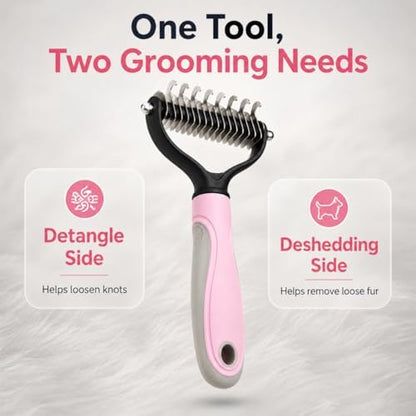 Pet Pro Grooming Tool, 2-In-1 Double-Sided Grooming Tool, Sided Deshedding Dematting Tool, Undercoat Rake for Dogs & Cats, Extra-Wide Dog Grooming Brush & Deshedder Comb for Long Hair(Blue + Pink)
