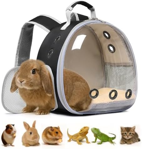 Bunny Carrier, Guinea Pig Carrier,Small Animal Carrier Backpack for Rabbit,Bearded Dragon, Lizard,Hamster,Kitten. Breathable Pet Travel Cage Bag Perfect for Vet Visits & Outdoor Adventures (Black)