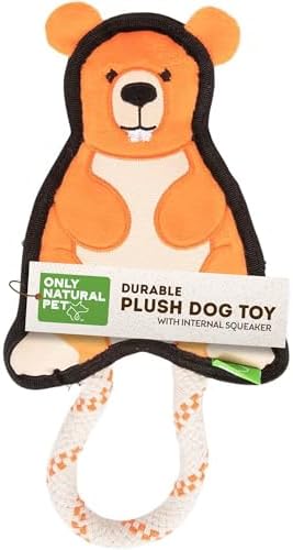 Only Natural Pet Mountain Friends Recycled Plush Dog Toys - Durable Double-Stitched Design with Internal Squeaker & Rope Tug Tail - Stuffed Toy for Dogs, Pet Toy | Beckham the Beaver, 5.5" x 11"