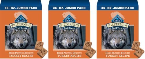 Blue Buffalo Wilderness Trail Treats Crunchy Dog Biscuits Grain-Free and High-Protein Dog Treats, Turkey Recipe 36-oz Box (Pack of 3)