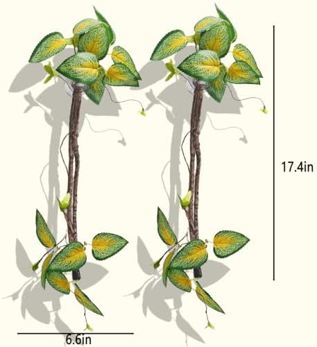 BNOSDM 2PCS Reptile Climbing Branch, Bendable Jungle Vine with Leaves Terrarium Plant Decoration with Suction Cup Chameleon Cage Accessories for Gecko Lizard Bearded Dragons Snake (Vinca Leaf)
