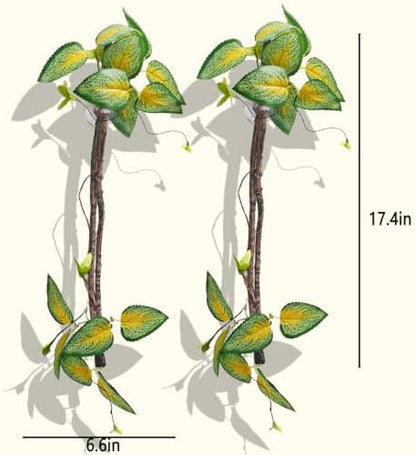 BNOSDM 2PCS Reptile Climbing Branch, Bendable Jungle Vine with Leaves Terrarium Plant Decoration with Suction Cup Chameleon Cage Accessories for Gecko Lizard Bearded Dragons Snake (Vinca Leaf)