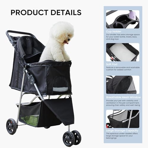 NEWBULIG Foldable 3 Wheel Pet Stroller for Dogs and Cats