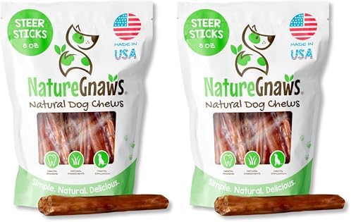 Nature Gnaws USA Steer Sticks for Dogs 5-7" (8oz) - Mixed Thickness - Long Lasting for Aggressive Chewers and Large Dogs - Natural Beef Bully Dog Chew Bones (Pack of 2)