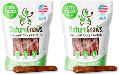 Nature Gnaws USA Steer Sticks for Dogs 5-7" (8oz) - Mixed Thickness - Long Lasting for Aggressive Chewers and Large Dogs - Natural Beef Bully Dog Chew Bones (Pack of 2)