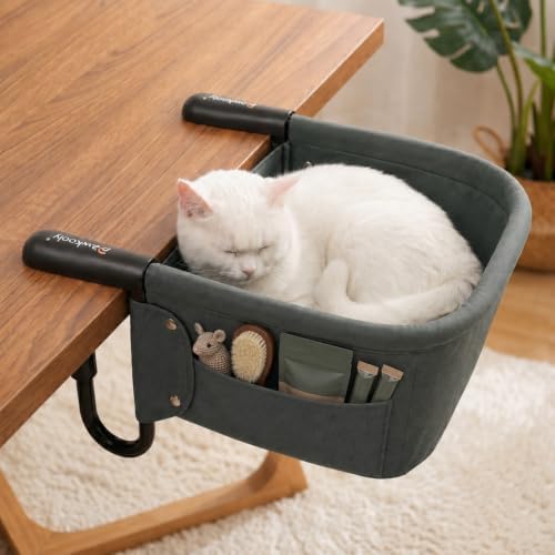Heavy Duty Clamp-On Cat Desk Bed for Large Cats Up to 50 LBS,Desk Mount Cat Perch Hammock with Dual-Sided Detachable Mat&Side Storage Pockets,Tool-Free Easy Install for Gaming/Office Desk（Sage Green）