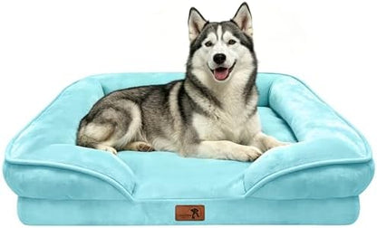 Spotted Play Orthopedic Dog Bed with Sides - Sofa Beds for Large Dogs, Supportive Foam Pet Couch Bed with Washable Removable Cover, Waterproof Lining and Non-Slip Bottom, Ice Blue - L-Plus