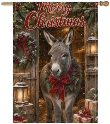 Christmas Donkey House Flag 28x40 Inch Merry Holiday Wreath Bow Lantern Gifts Snowy Barn Rustic Farmhouse Outdoor Yard Lawn Porch Double Sided Banner Winter Welcome Decor
