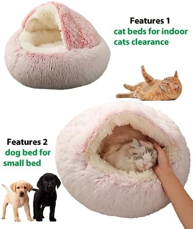 ShinHye Cozy Cat Bed - Round Plush Fluffy Hooded Cave, Indoor/Outdoor, Waterproof & Washable, Calming Anti-Anxiety Design - 23x23inch, Pink