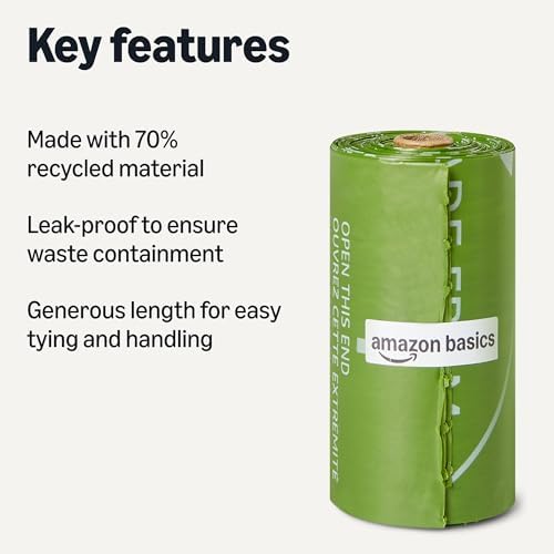 Amazon Basics Dog Poop Bags, 70% Recycled Material, Leak-Proof with Generous Length, 13 x 9 Inch, 900-Pack (60 Rolls), for Walks and Public Spaces