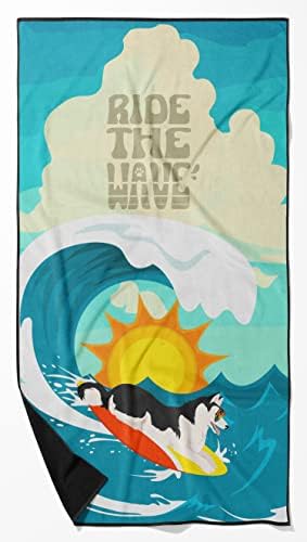 Caroline's Treasures MLM1273TWL3060 Surfer Dog Black White Siberian Husky Premium Beach Towel Oversized Towel Beach Blanket, Pool, Beach Essentials, Yoga, Premium Bath Towel, Quick Dry Plush