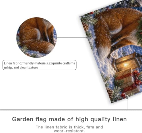 Merry Christmas Garden Flag 12x18 Inch Red Fox Pine Wreath Lantern Gift Snowy Birch Forest Rustic Winter Outdoor Yard Lawn Front Porch Welcome Double Sided Banner Decor