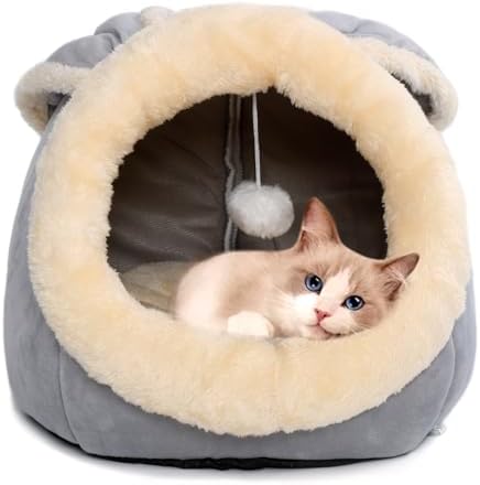 Cat Beds for Indoor Cats-Rabbit-Shaped Cat Cave Bed with Hanging Toy,Grey L