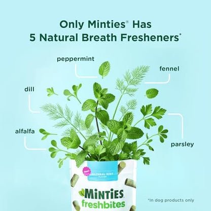 Minties FreshBites Soft and Chewy Dental Treats, Low Calorie Natural Mint Flavored Dental Chews for Dogs, 50 Count, Dog Chews Clean Teeth, Fight Bad Breath, Removes Plaque and Tartar