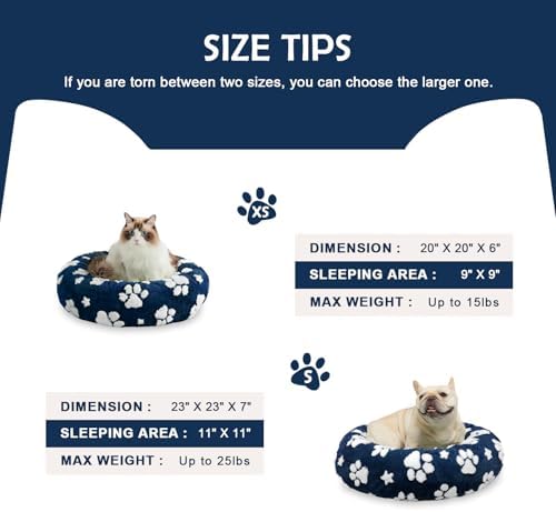 Round Cat Beds for Indoor Cats, Small Donut Dog Beds, Navy Blue, 20"