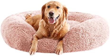 Calming Dog Beds for Large Dogs, Faux Fur Donut Cuddler Dog Bed, Round Fluffy Pillow, Washable Pet Bed for Dogs Up to 80Lbs, 36inch