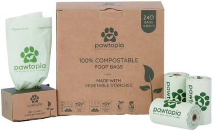 Pawtria Home Compostable Dog Poop Bags (240) with Paper Poop Bag Dispenser