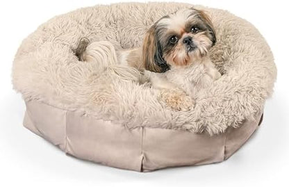 Best Friends by Sheri Ultra Calming Pouf Bed, Orthopedic Round Dog Bed for Joint Support, Faux Fur, Washable Cover, Tan, Small, 23"x23"