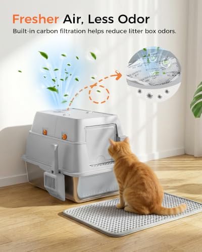 GTPLAYER XXL Stainless Steel Cat Litter Box with Lid, High Sided Enclosed Cat Litter Box, Activated Carbon Odor Control, Extra Large Metal Litter Box, Anti-Leak, with Mat & Scoop, Sliver