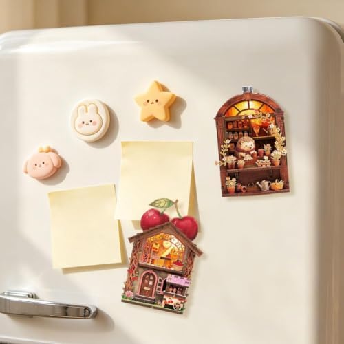 DIY Miniature Wooden House Model Fridge Magnet Kit, Magnet Building Cheray Doll House Mini Kits with Led Light for Refrigerator & Desk Bookshelf Decor, for Adults,Beginners, 3D Puzzles Crafts Gifts