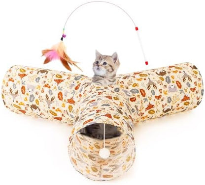 Tempcore Cat Tunnel, 3-Way Collapsible Toy, Large Size Beige Deer