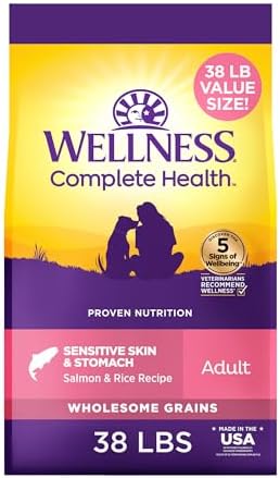 Wellness Complete Health Sensitive Skin and Stomach Dry Dog Food, Wholesome Grain Kibble, Natural, Chicken Free, Salmon and Rice Recipe, 38 lb Bag