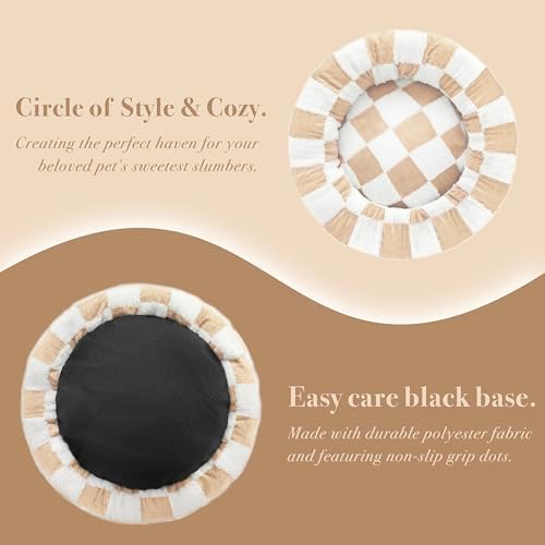 Ohocut Checkered Dog Bed, Cute Beige Khaki Retro Style Aesthetic Round Warming Pet Calming Beds for Small Dog and Cats, Plush Cozy Donut Dog Beds Washable, 30" L x 30" W x 8" Th