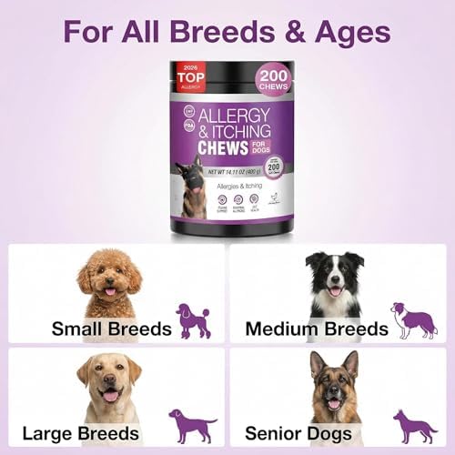 Dog Allergy Relief Chews for Itchy Skin – Anti Itch & Immune Support Supplement for Dogs, with Salmon Oil, Probiotics & Colostrum, Skin & Coat Health, Reduce Paw Licking, 200 Soft Chews