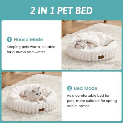 COZY KISS Hooded Blanket Cat Bed – 20"x20" Round Fluffy Donut Cuddler for Cats & Toy Dogs, Anti-Anxiety Faux Fur Pet Bed, Machine Washable with Non-Slip Bottom, Cream