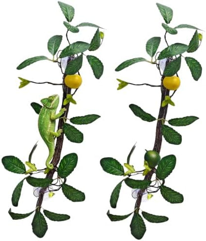 BNOSDM 2PCS Reptile Climbing Branch, Bendable Jungle Vine with Leaves Terrarium Plant Decoration with Suction Cup Chameleon Cage Accessories for Gecko Lizard Bearded Dragons Snake (Lemon Leaf)