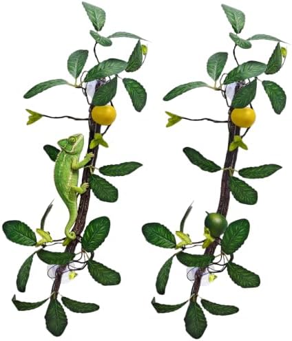 BNOSDM 2PCS Reptile Climbing Branch, Bendable Jungle Vine with Leaves Terrarium Plant Decoration with Suction Cup Chameleon Cage Accessories for Gecko Lizard Bearded Dragons Snake (Lemon Leaf)
