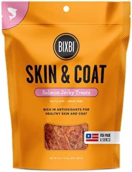 BIXBI Skin & Coat Support Salmon Jerky Dog Treats, 4 oz - USA Made Grain Free Dog Treats - Antioxidant Rich to Support Shiny, Full Bodied Coats - High in Protein, Whole Food Nutrition, No Fillers