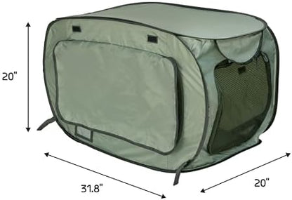 SportPet Designs Soft-Sided Pop-Open Pet Kennel, Medium Portable Travel Crate for Cats & Dogs up to 50 lbs, Foldable Car Kennel with Seatbelt Straps & Washable Waterproof Pad, Green