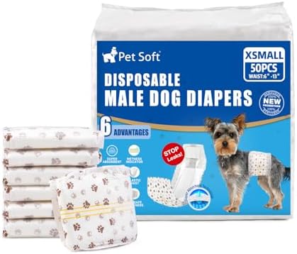 Pet Soft Dog Diapers Male - Disposable Male Dog Wraps Wetness Indicator, Ultra Absorbent Doggie Diapers Comfortable for Incontinence Excitable Urination, 50pcs XSmall