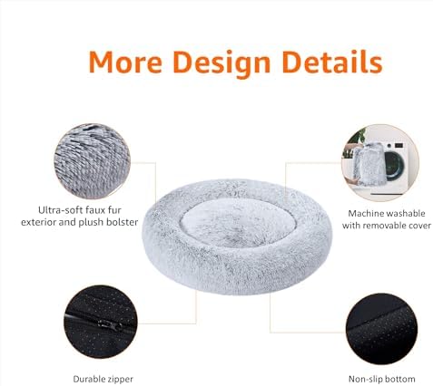Amazon Basics Washable Donut Pet Bolster Faux Fur Bed with Removable Cover, Anti-Slip Bottom for Dog, Grey, 45" x 45"