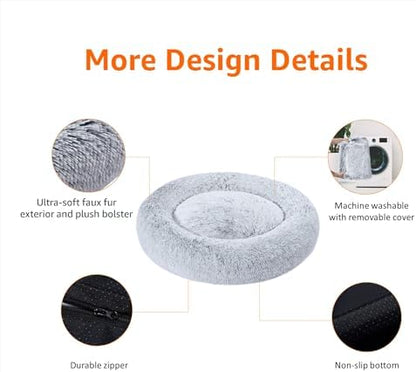 Amazon Basics Washable Donut Pet Bolster Faux Fur Bed with Removable Cover, Anti-Slip Bottom for Dog, Grey, 45" x 45"