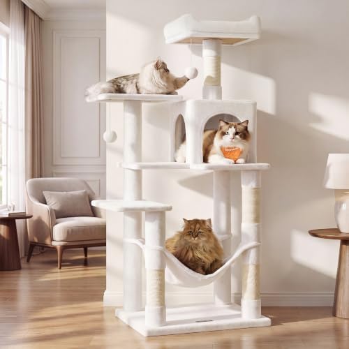 Feandrea Cat Tree, 54.2-Inch Cat Tower, Multi-Level Condo, Cream White