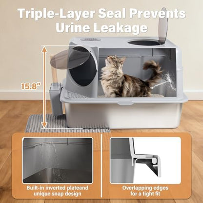 Stainless Steel Litter Box with Lid, XL Large Enclosed Cat Litter Box