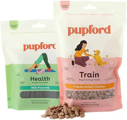 Pupford Freeze Dried Training Treats + Dental Chews Bundle for Dogs & Puppies (Chicken 4oz, Dental Chews 14 Count)