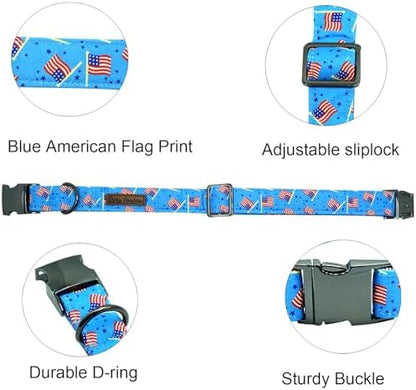 Independence Day Dog Collar, Summer Blue Flag Durable Metal Boy Dog Collars Adjustable Pet Collar for Small Medium Large Dogs