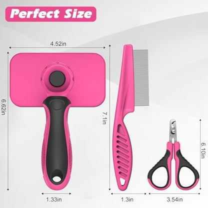 3PCS Cat Grooming Supplies, Cat Brush & Nail Clipper/Trimmer & Flea Comb for Shedding Indoor Cats Essentials Stuff Accessories (Pink)