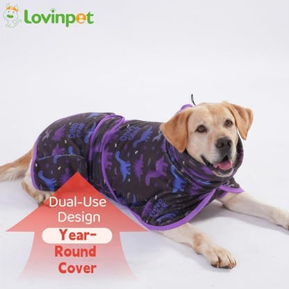 LovinPet 3-in-1 Dog Warm Winter Coat & Bathrobe, Black Dinosaur Fleece, M