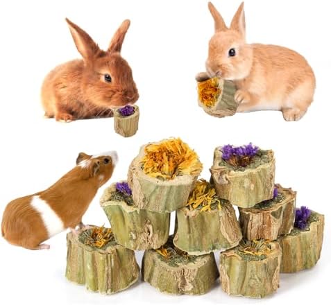 Abizoo Rabbits Chew Toys Organic Papaya Wood for Guinea Pigs Chinchillas Hamsters Small Animals Treats with Calendula Forget Me Nots and Alfalfa Hay Dental & Digestive Support No Additives 4.23oz/120g